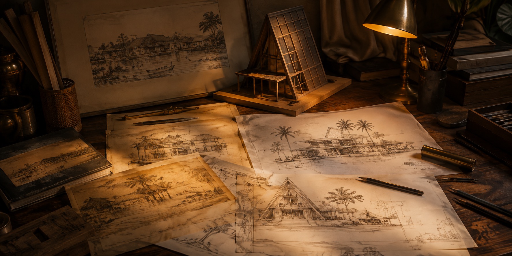 Architectural studio table with hospitality sketches and a scale model