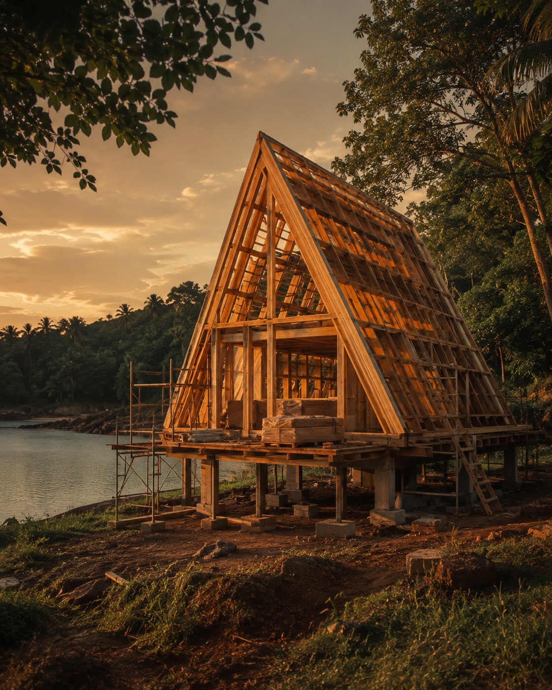 A-frame hospitality structure under construction near the river