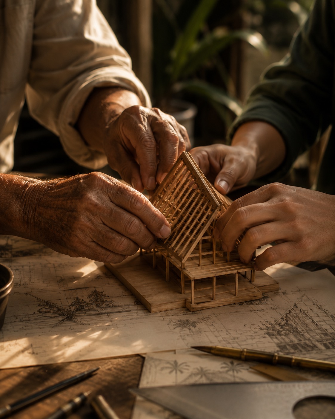 Architects' hands assembling a scale model of an A-frame retreat