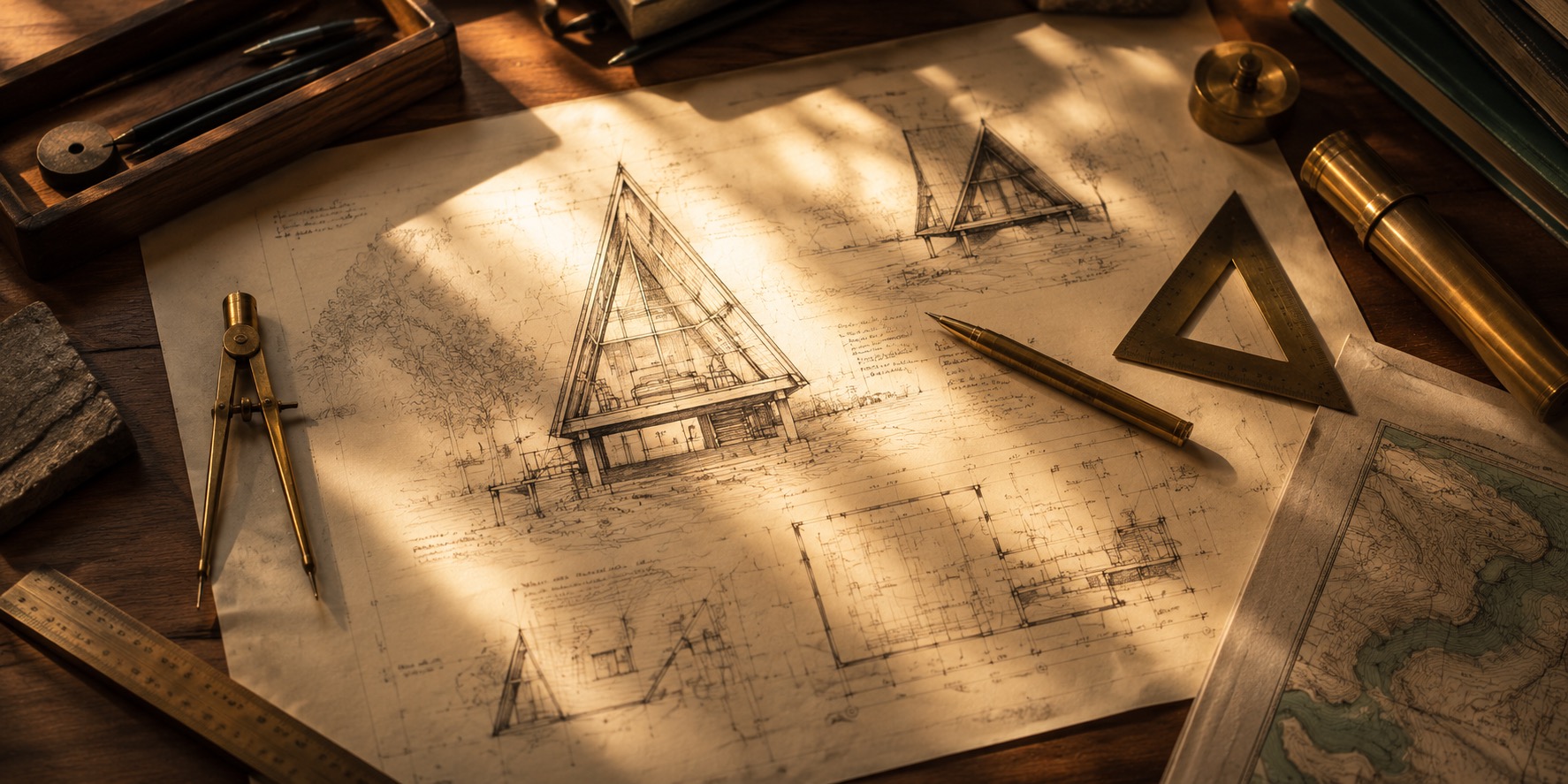 Architectural drawings for an A-frame hospitality asset
