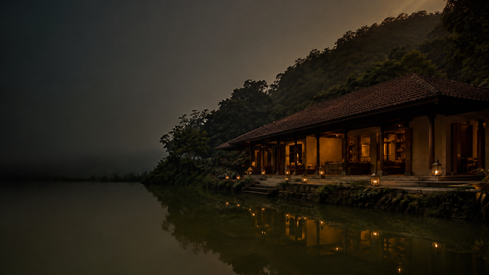Premium riverside resort glowing at dusk