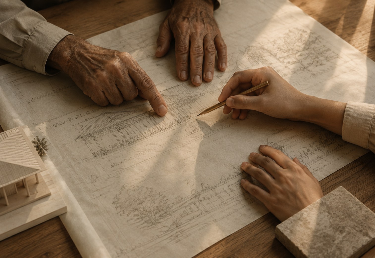 Older and younger hands over architectural drawings