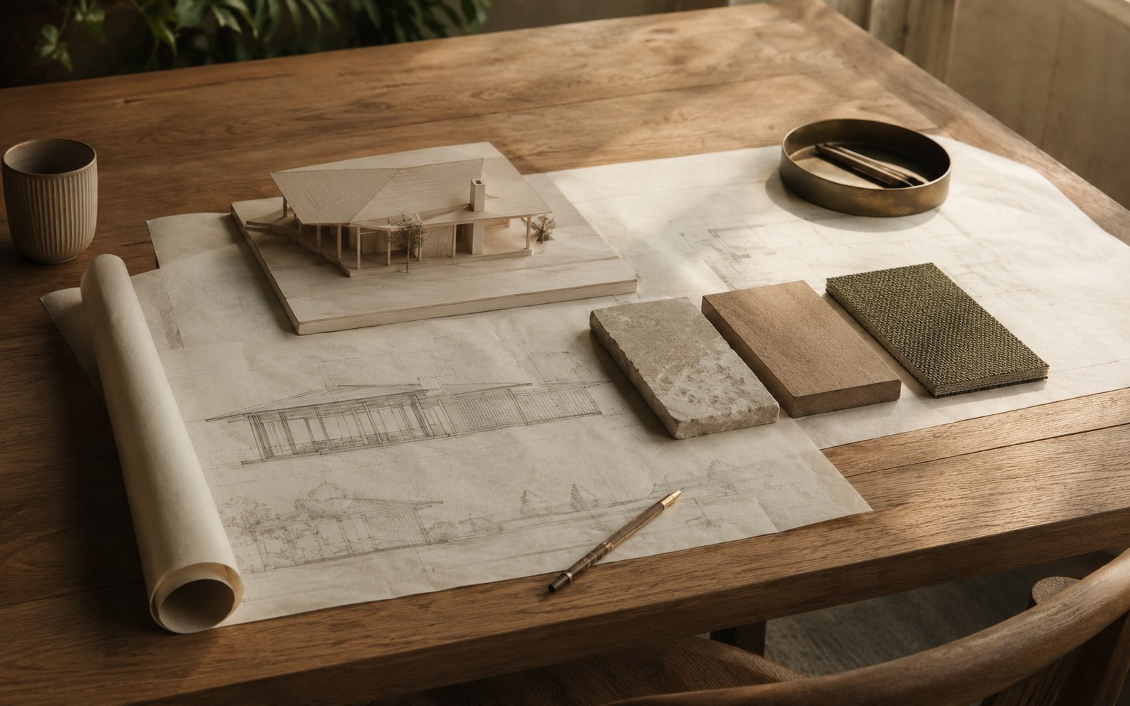 Architectural plans, material samples and a scale model on a timber table
